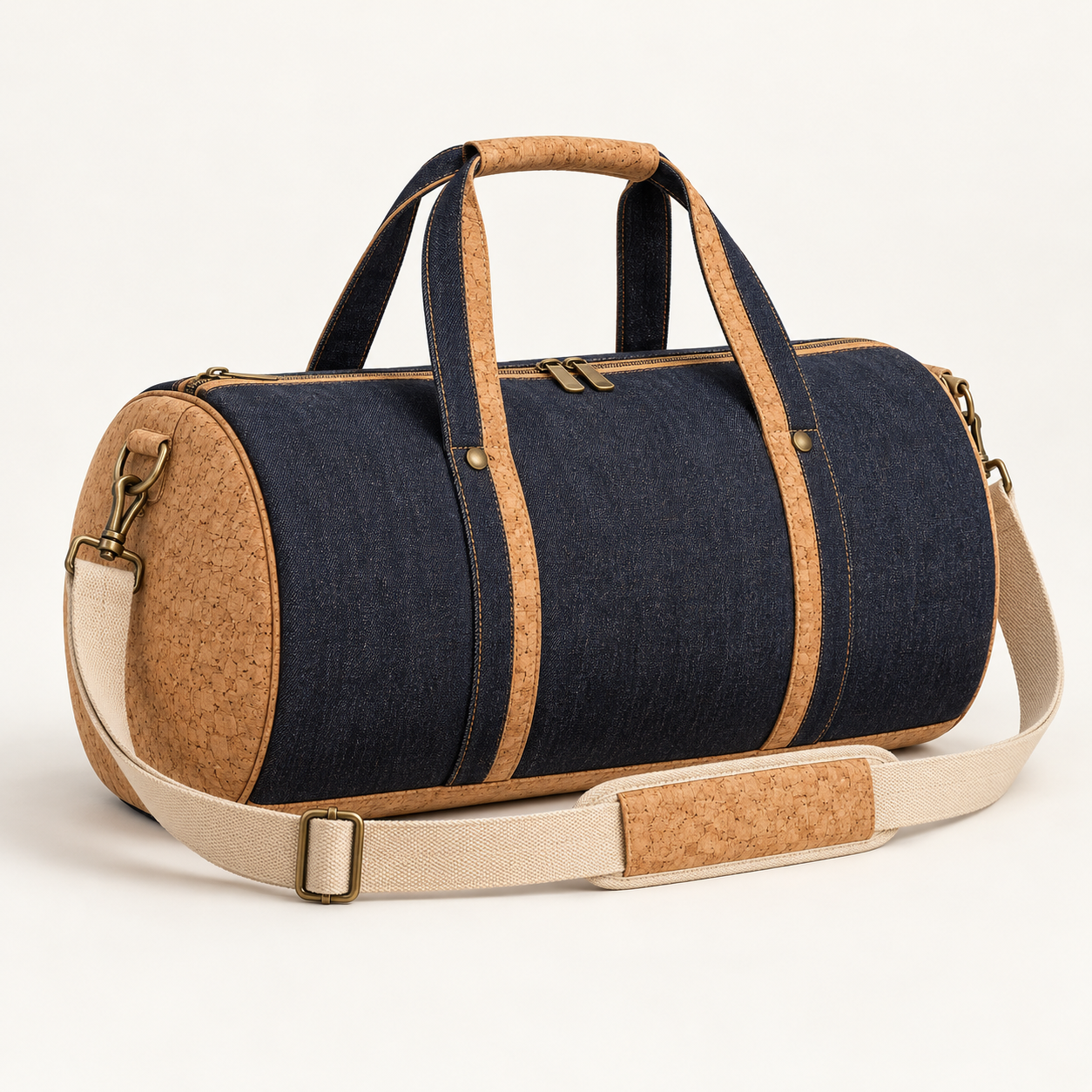 Denim and Cork Duffle Bag with Adjustable Shoulder Strap