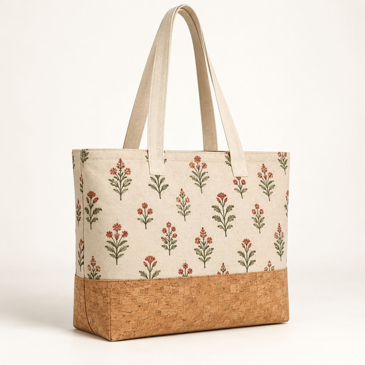 Natural Canvas and Cork Tote Bag with Hand Block Print