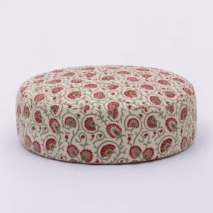Red Printed Design Cotton Round Meditation Cushion -Non Pleated