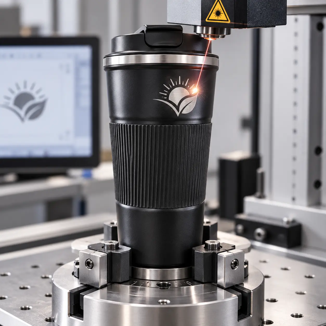 Black stainless-steel travel mug showing laser-engraved customization