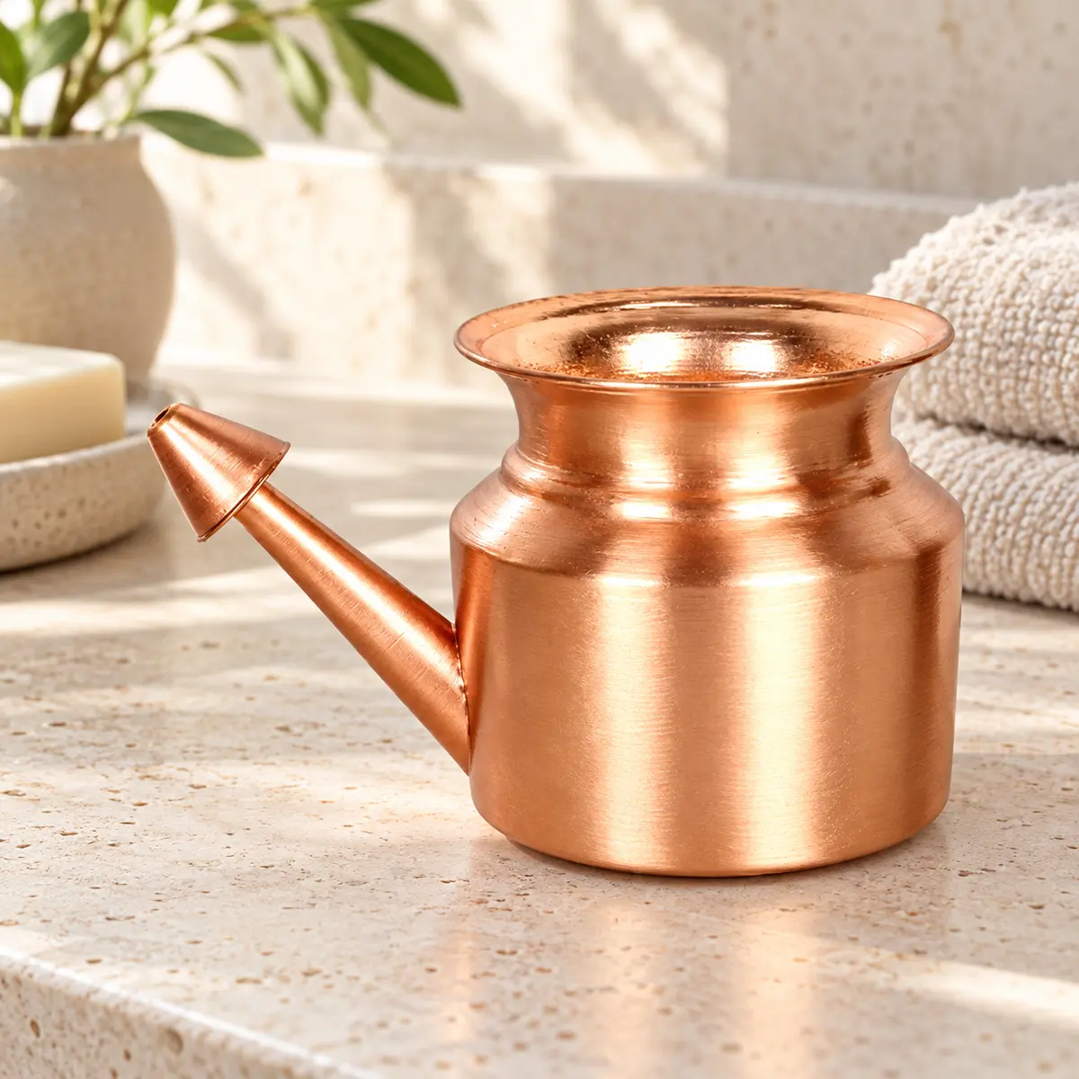 Traditional Copper Neti Pot styled retreat presentation