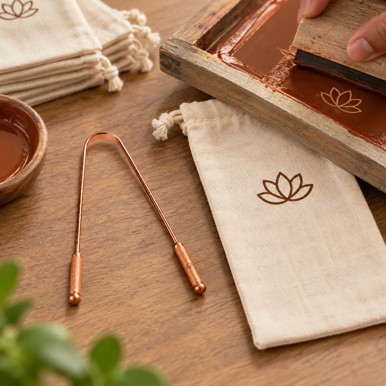 Copper tongue cleaner with a customized cotton presentation pouch