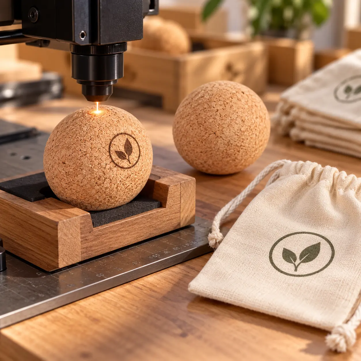Cork massage balls showing laser-engraved retreat branding