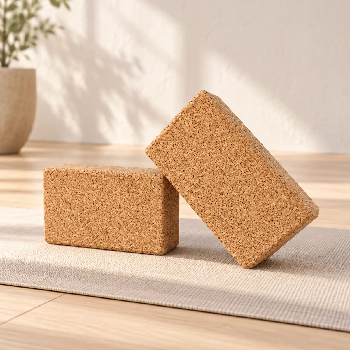 Natural Cork Yoga Blocks – Pair styled retreat presentation