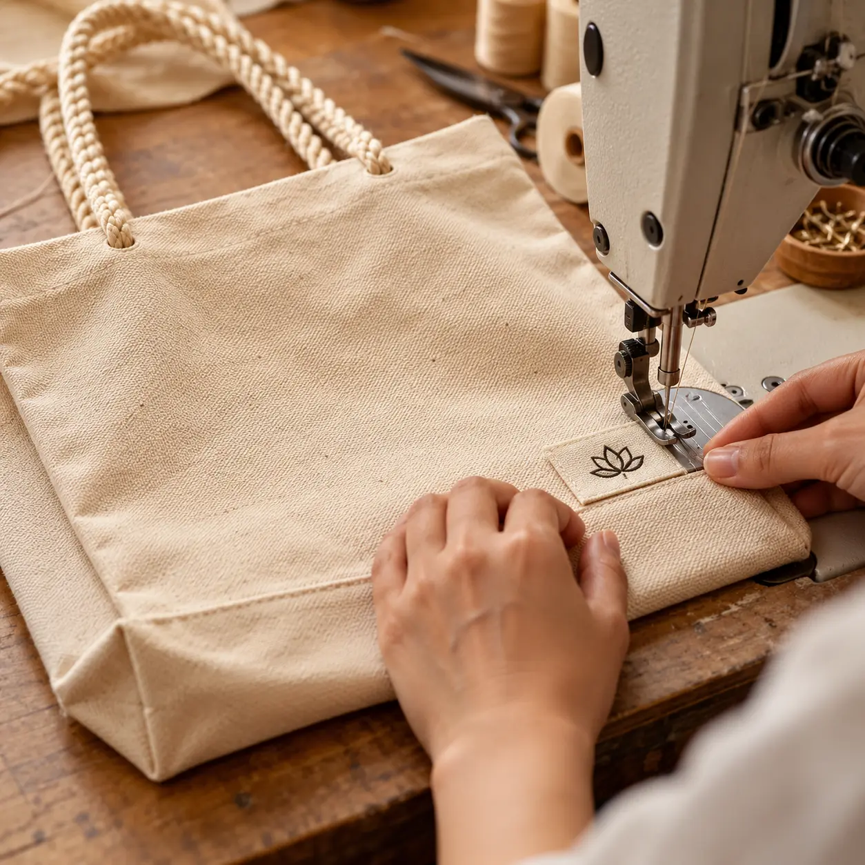 Cotton canvas tote with braided handles showing a woven-brand label