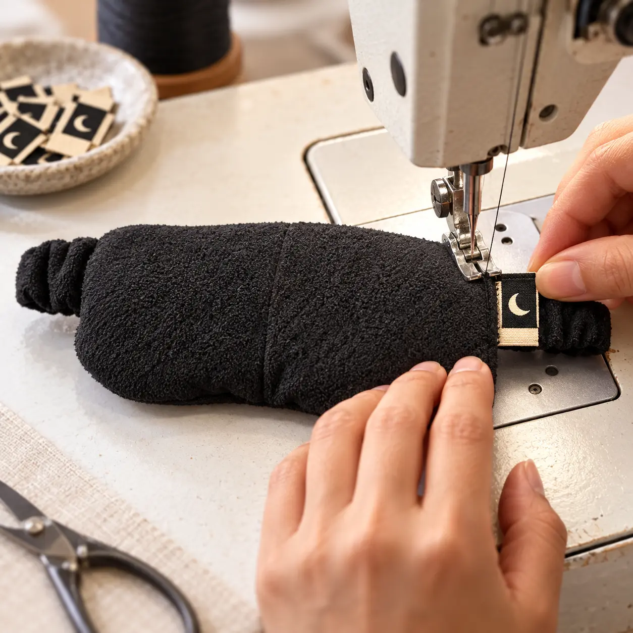 Cotton eye mask showing a woven-label customization option