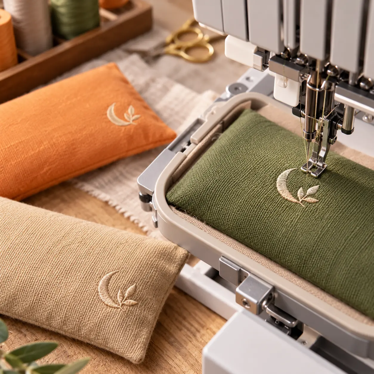 Cotton eye pillow showing embroidered customization