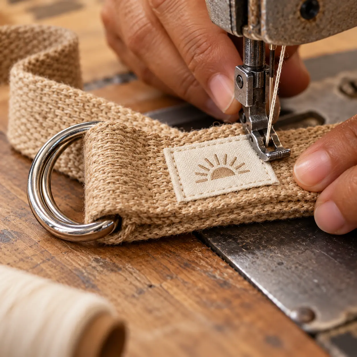 Cotton yoga belt showing a woven-label customization option