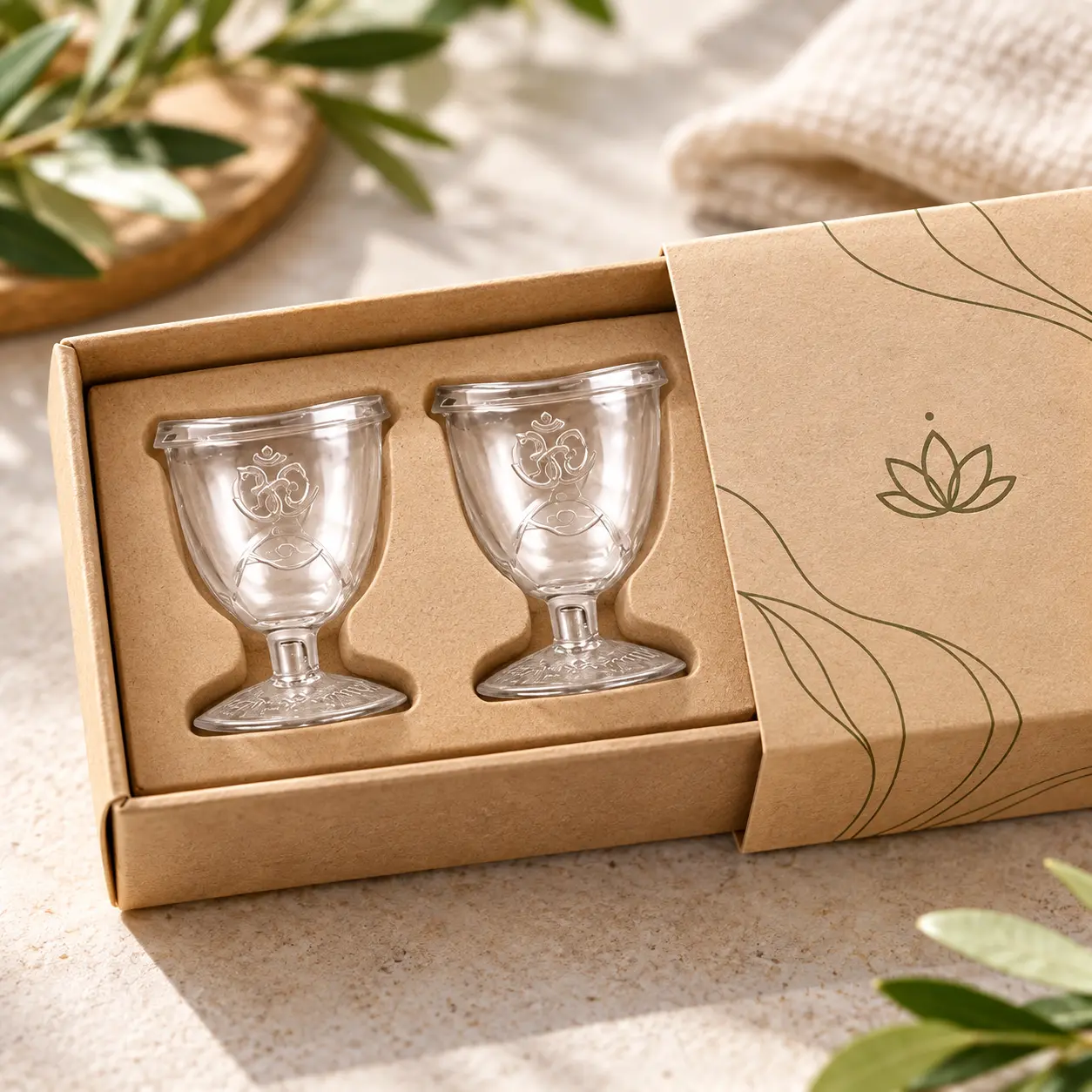 Eye cups presented with customized retreat packaging