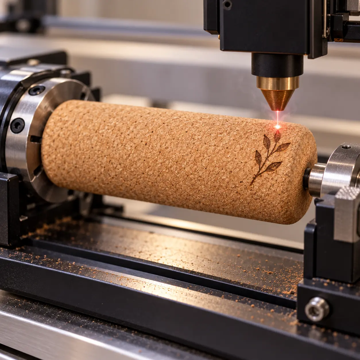 Natural cork massage roller showing laser-engraved customization