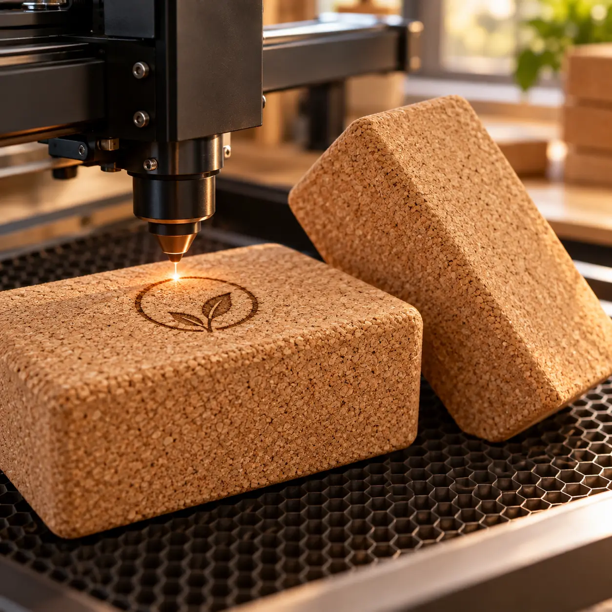Natural cork yoga blocks showing laser-engraved customization