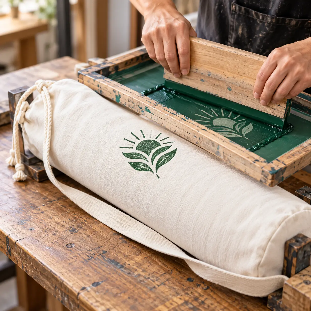 Natural cotton yoga mat bag showing screen-printed customization