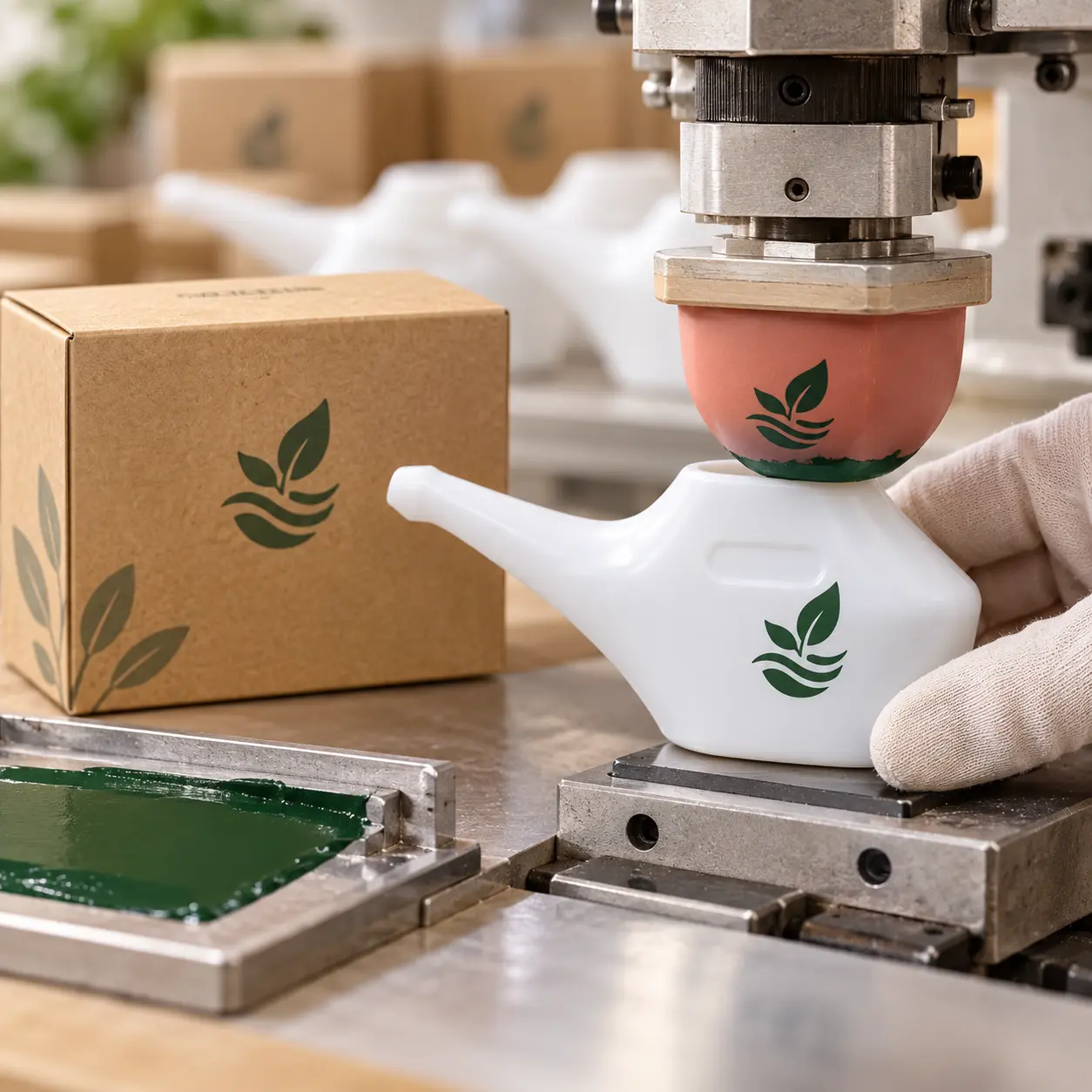 Plastic neti pot showing branded packaging for a retreat program