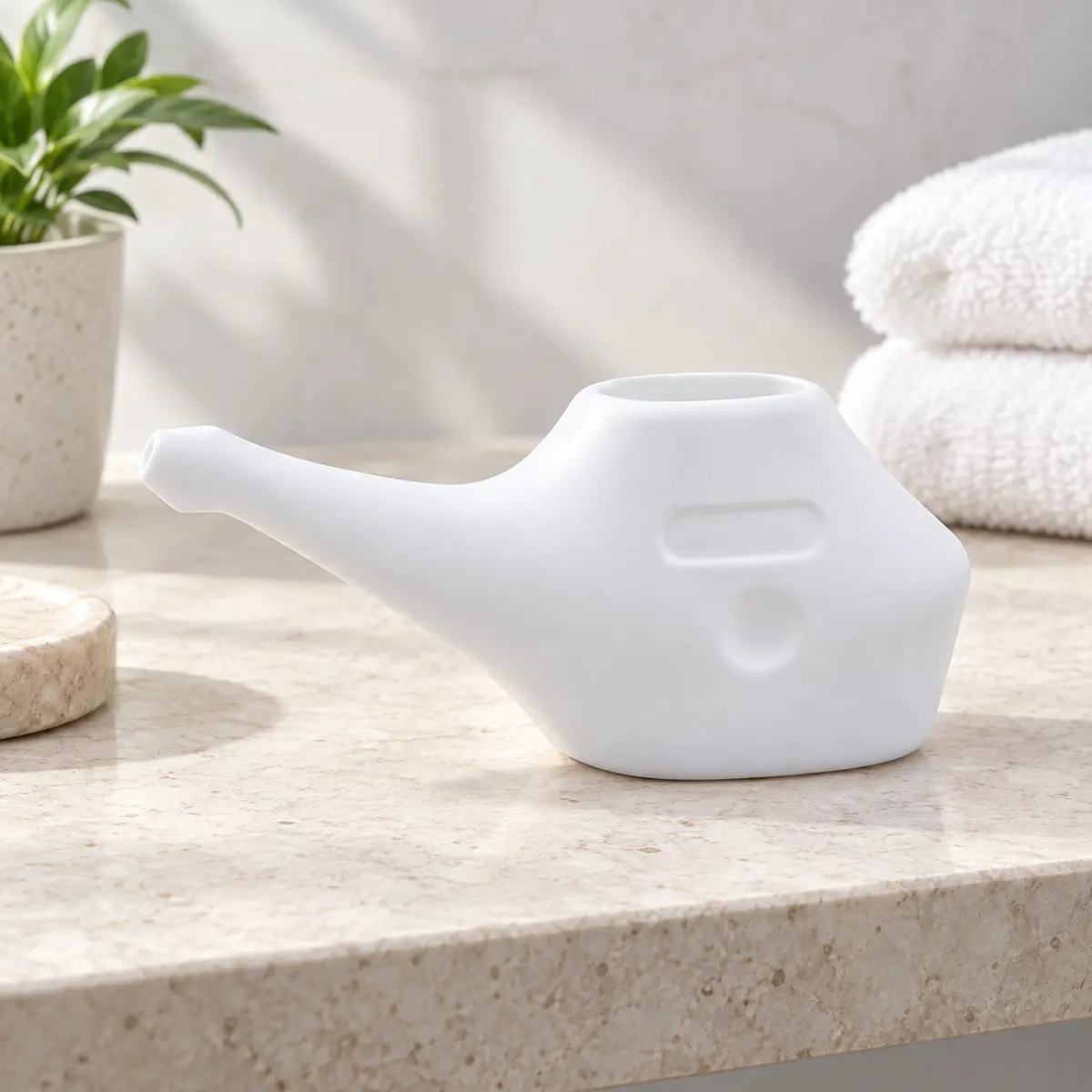 Lightweight Plastic Neti Pot styled retreat presentation