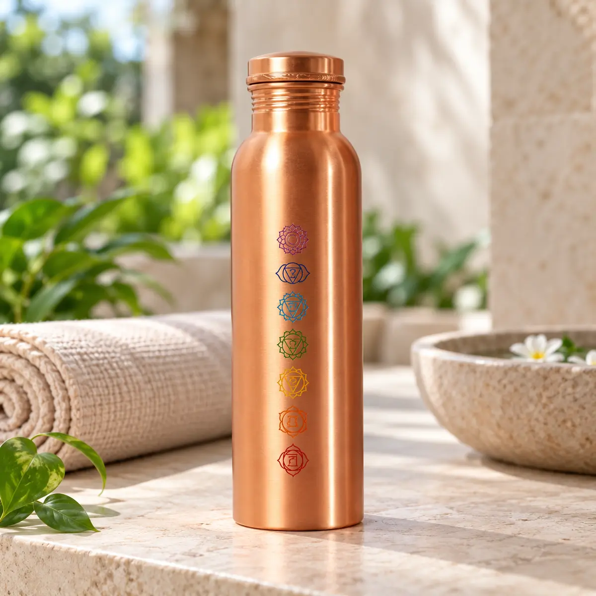Seven-Chakra Copper Water Bottle styled retreat presentation