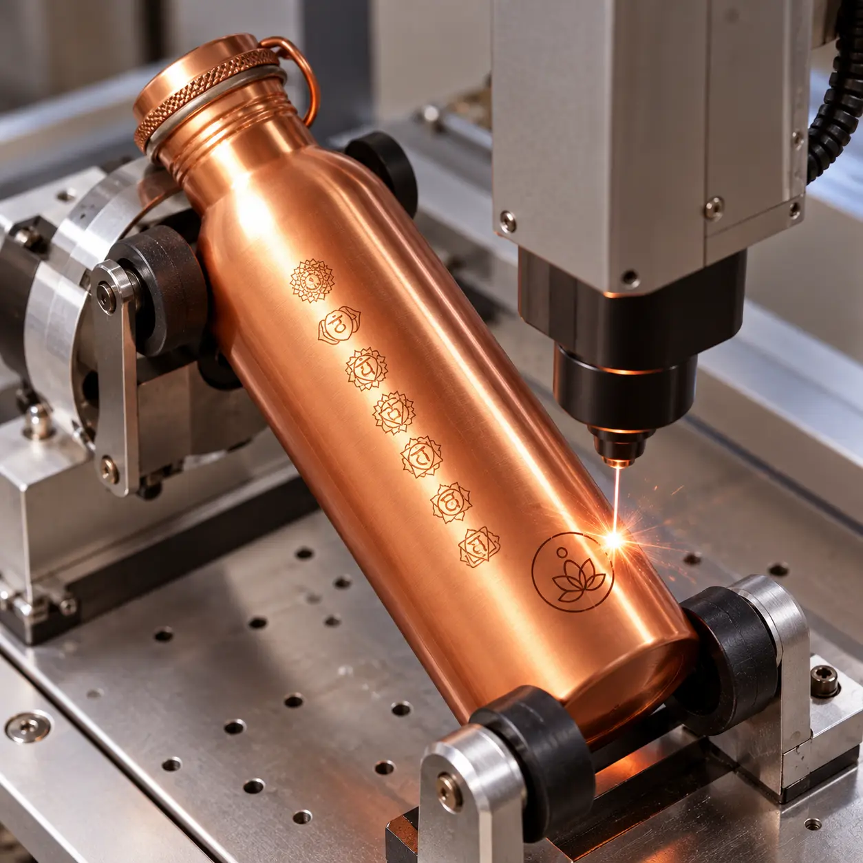 Copper water bottle showing laser-engraved retreat branding
