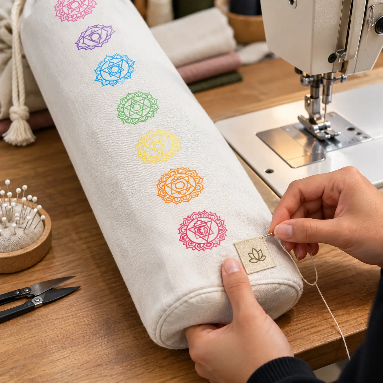 Seven-chakra cotton yoga mat bag showing printed customization