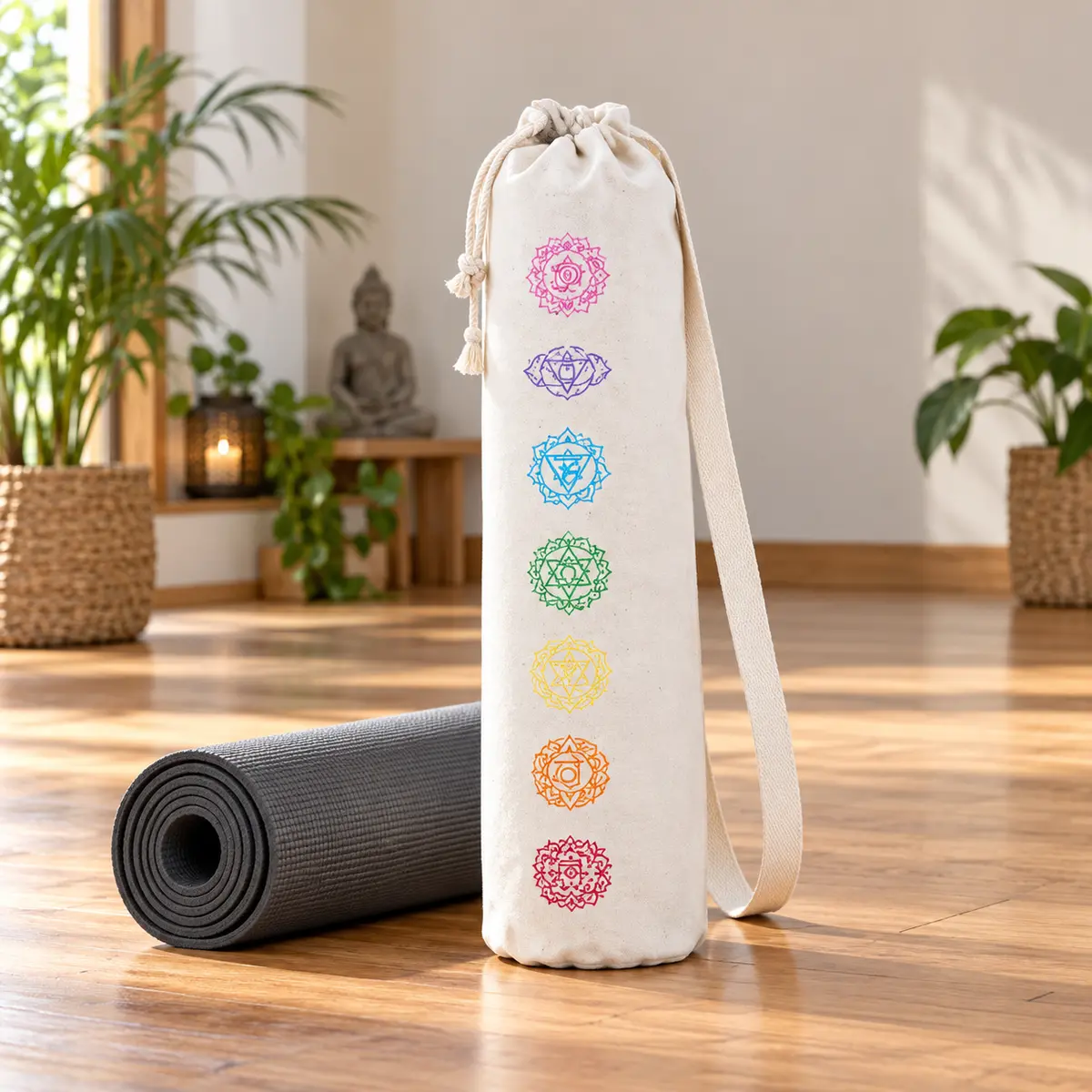 Seven-Chakra Cotton Yoga Mat Bag styled retreat presentation