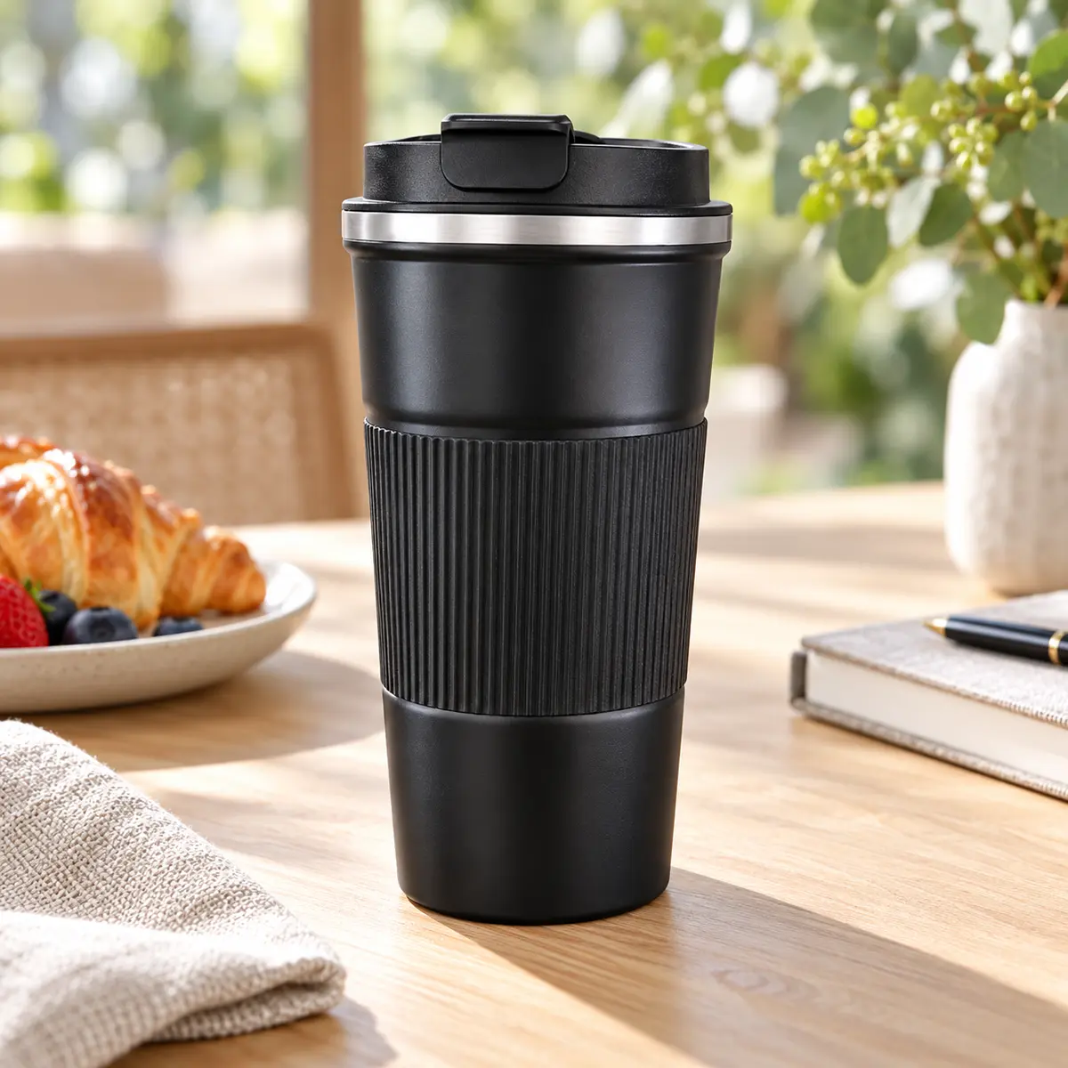 Black Stainless-Steel Travel Mug styled retreat presentation