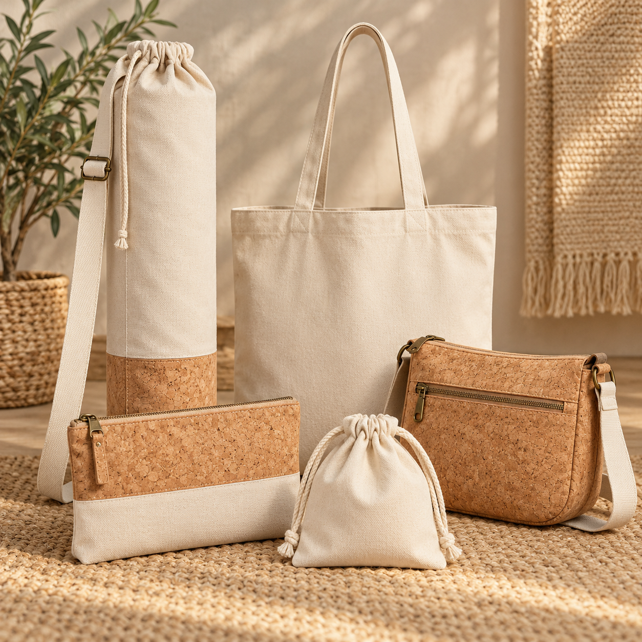 Custom cotton yoga mat bags, canvas totes, cork pouches and textile accessories for wholesale