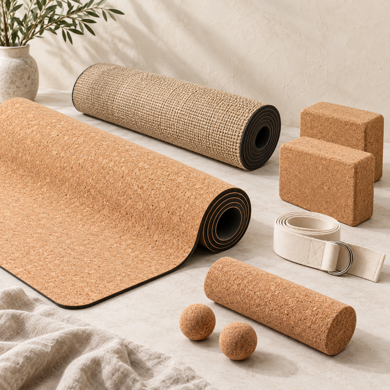 Natural cork and jute yoga mats, cork blocks, cotton belt and massage props for wholesale